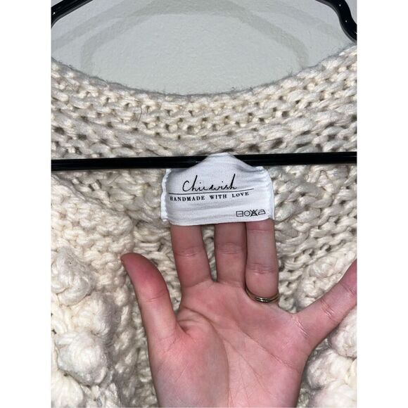 ChicWish Handmade Wool Sweater Chunky Heart Knit Cardigan M Pom Poms Cream - Picture 2 of 3